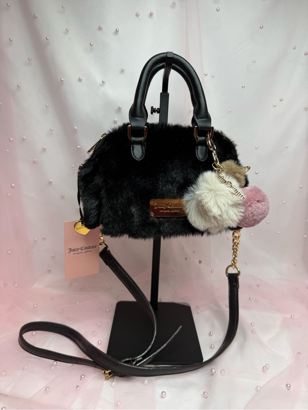 Juicy Couture Black Faux Fur Satchel with Pink & Cream Pom Charm